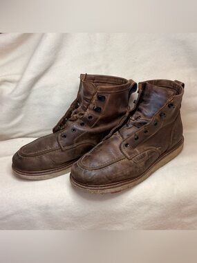 Brunt unlined Men's Brown Leather Moc Toe work Boots no laces distressed